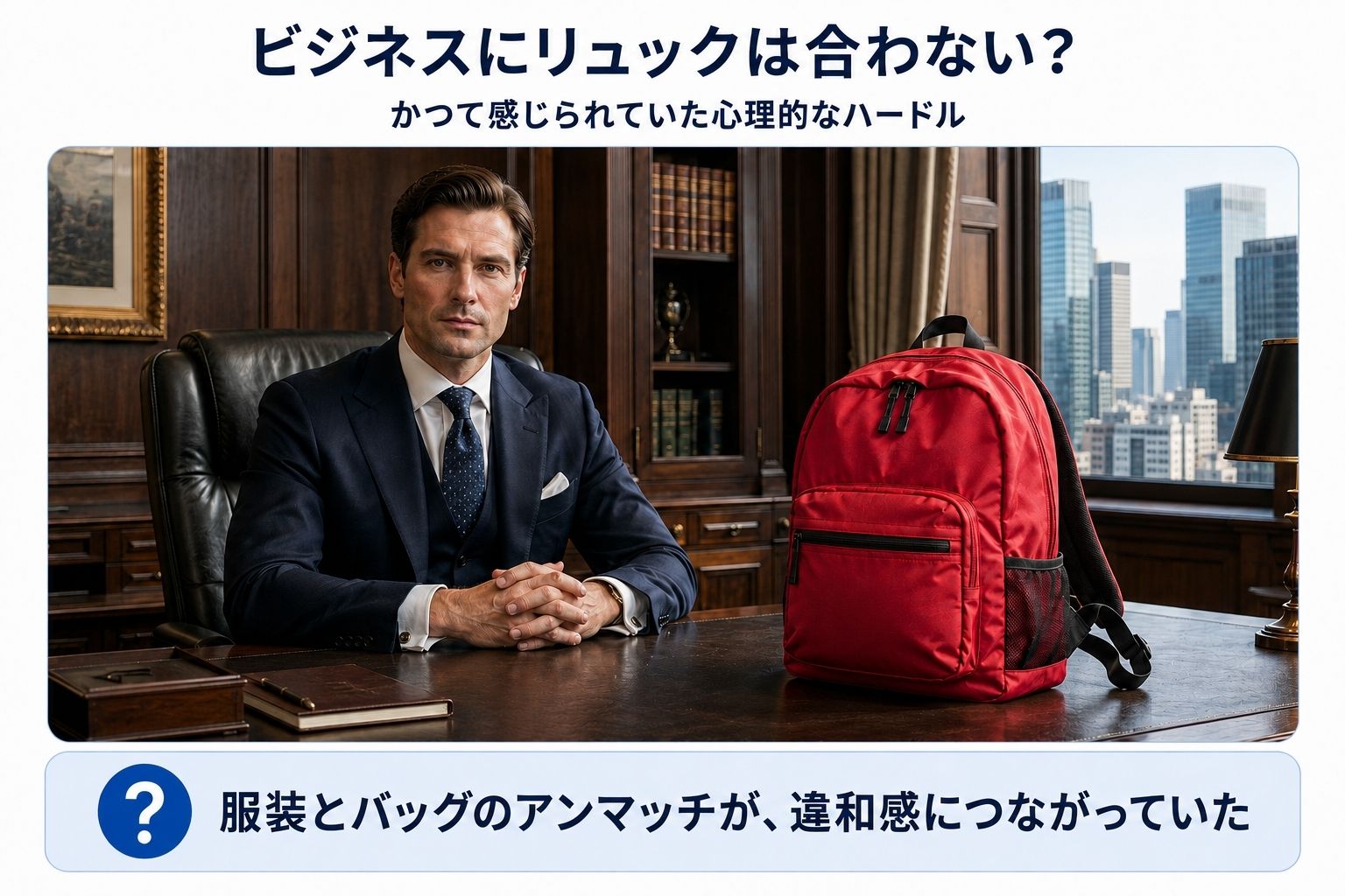 ビジネスシーンでリュックを使うことへの心理的ハードルを考えるイメージ