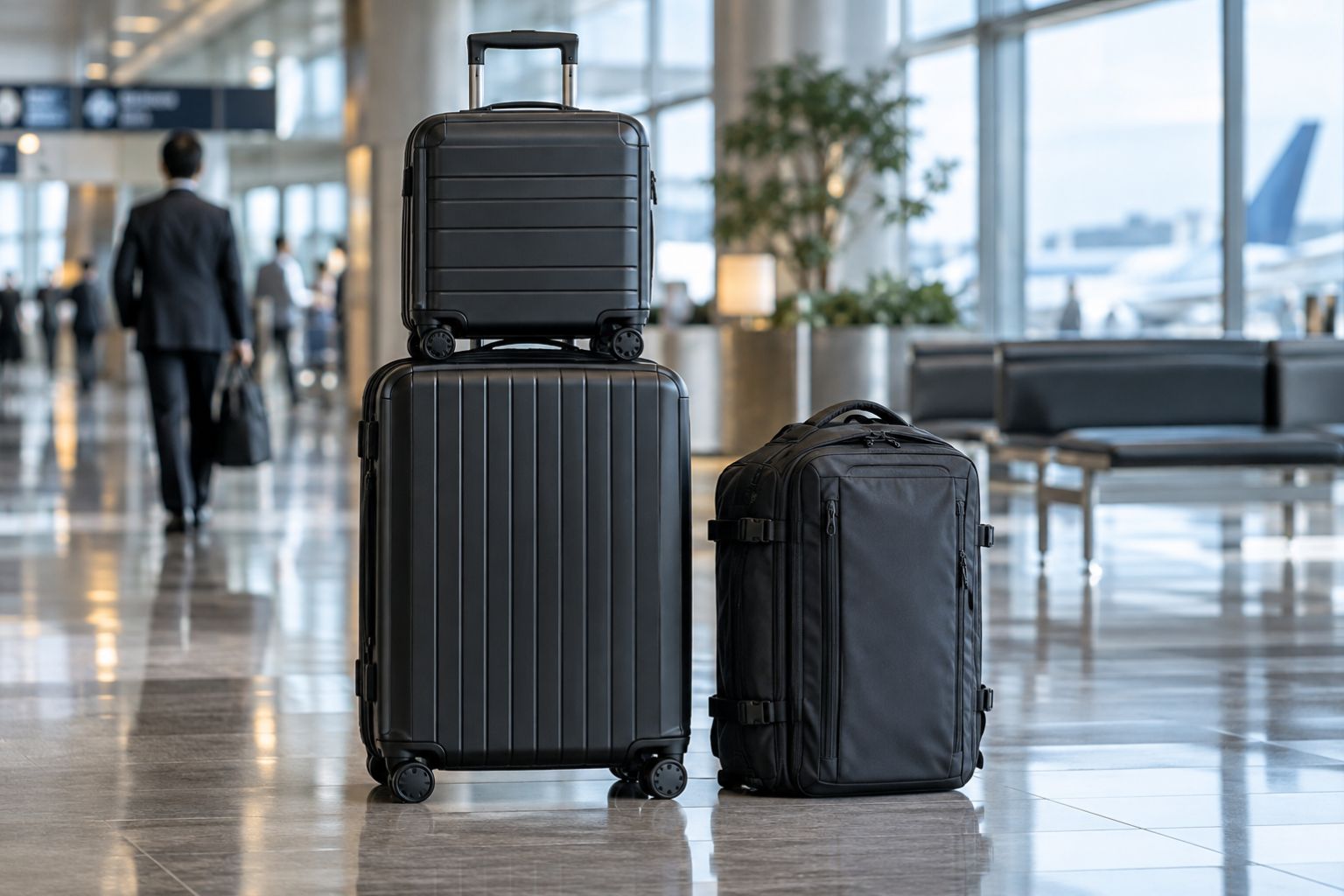 大型スーツケース、機内持ち込みキャリーケース、ビジネスリュックを組み合わせた海外出張の荷物イメージ