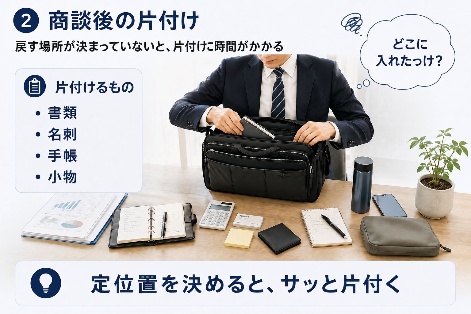 2ルームビジネスバッグで商談後に仕事道具を片付けるイメージ
