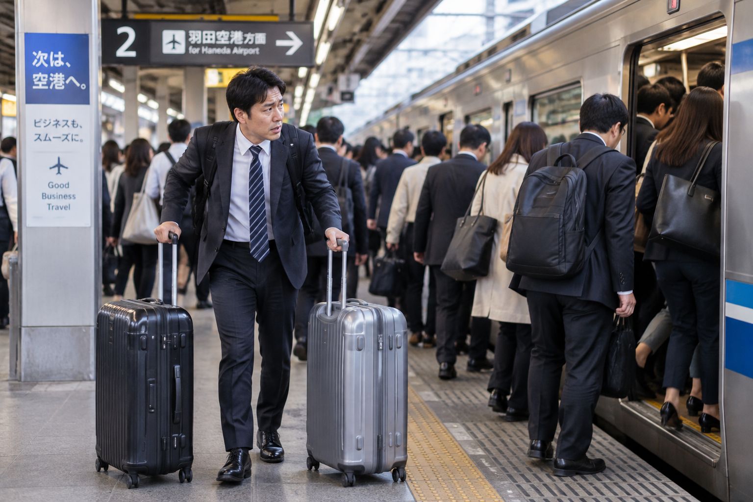 通勤時間帯の駅ホームで2個のスーツケースを持って電車に乗ろうとする海外出張中のビジネスマン