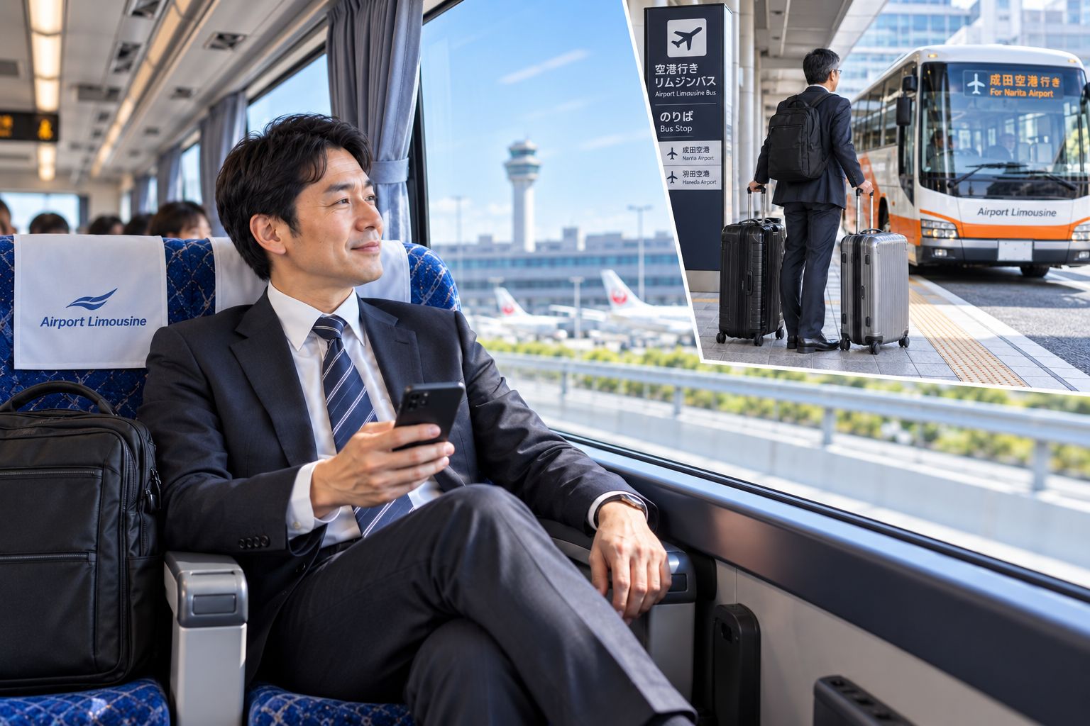 空港バス・リムジンバスの車内でくつろぐビジネスマンと、空港バス乗り場の様子
