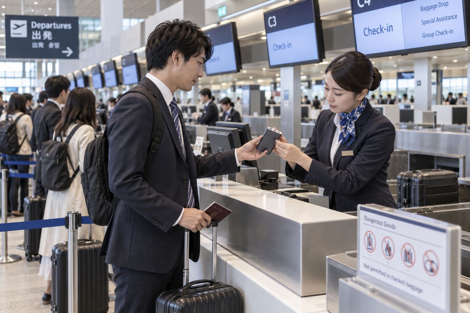 飛行機のモバイルバッテリー持ち込みルールを確認するイメージ