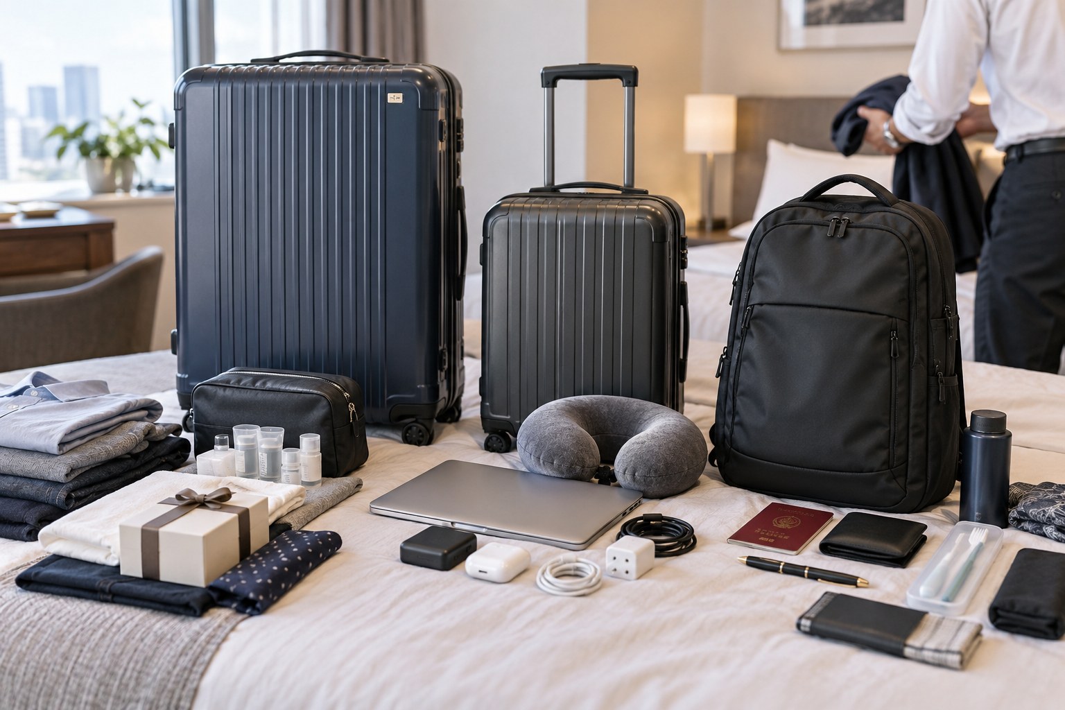 海外出張の荷造りでスーツケース、機内持ち込みキャリー、ビジネスリュックと持ち物を並べた写真