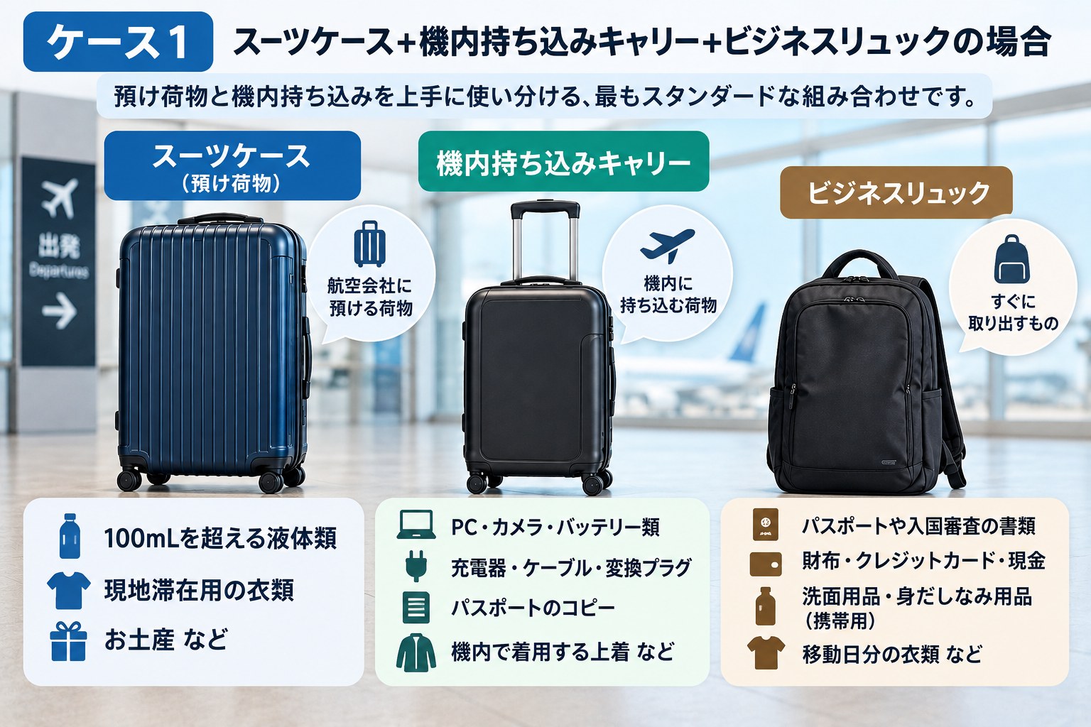 ケース1：スーツケース、機内持ち込みキャリー、ビジネスリュックに入れる荷物の分け方