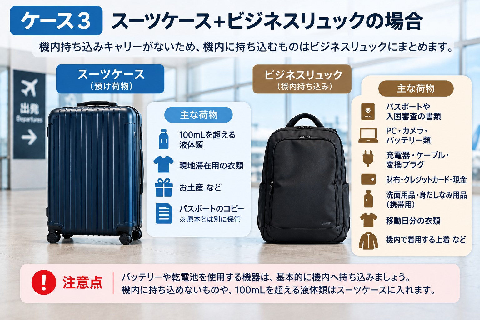 ケース3：スーツケースに液体類や現地滞在用の衣類、ビジネスリュックに機内持ち込みの荷物をまとめる分け方