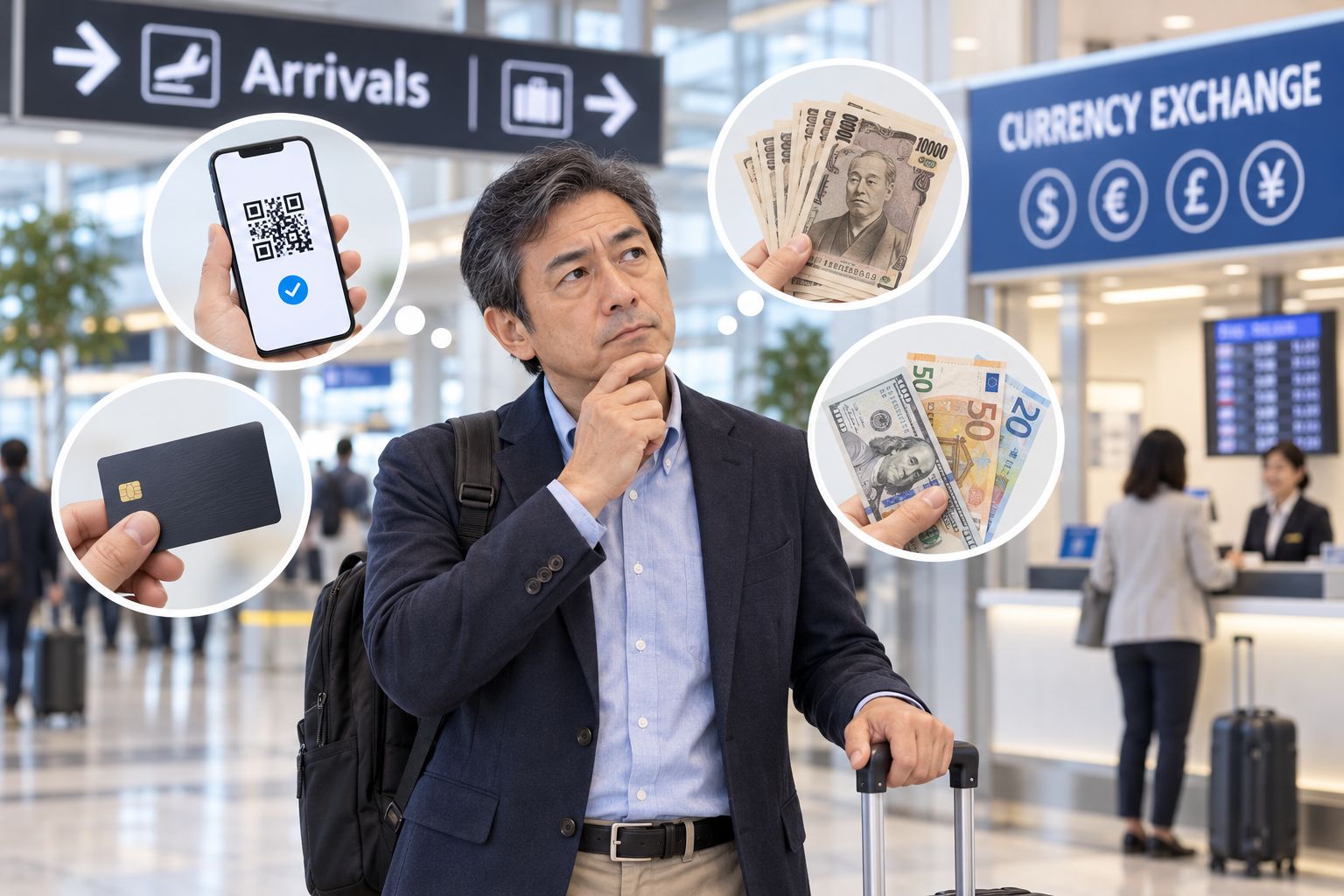 海外の空港で、スマートフォン・カード・現金などの決済や両替方法を考える海外出張者のイメージ