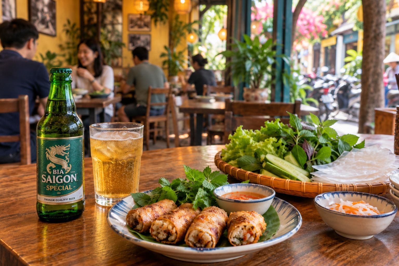 ベトナムの飲食店でシーフード料理とサイゴンビールを楽しむイメージ