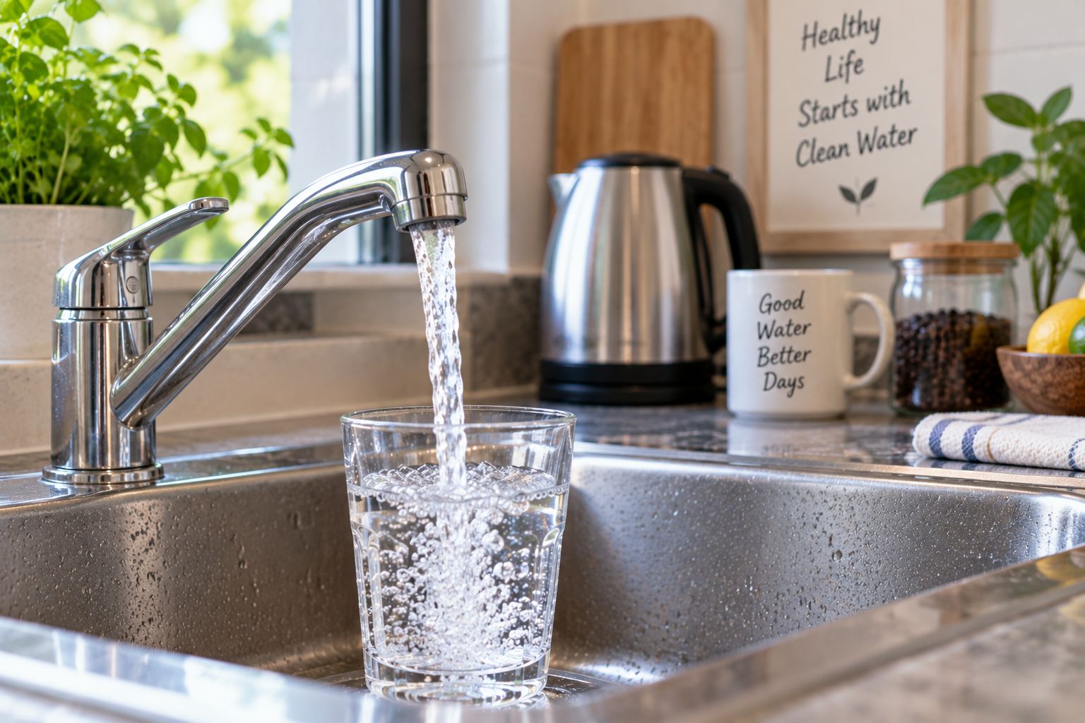 海外出張先の水道水を蛇口からコップに注ぐイメージ