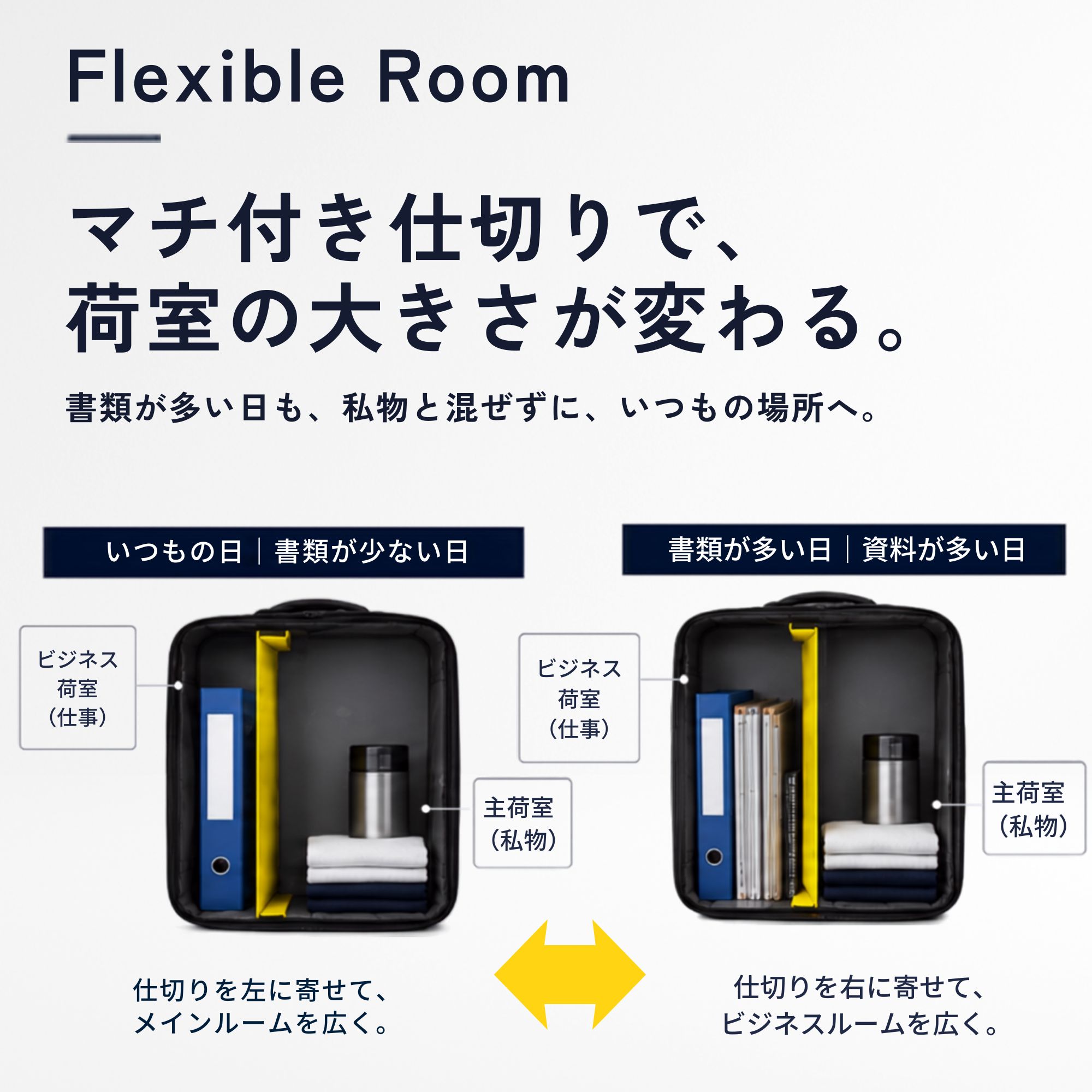 “Flexible room” 自在な収納空間を備えたビジネスバッグ